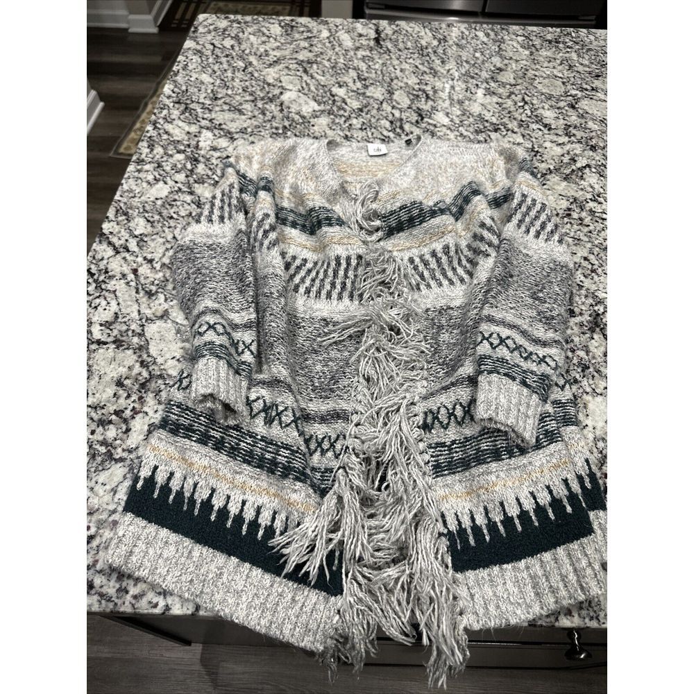 Gabi Grey Blue Beige Fair Isle Waterfall Fine Knit Longline Cardigan - Size XXS